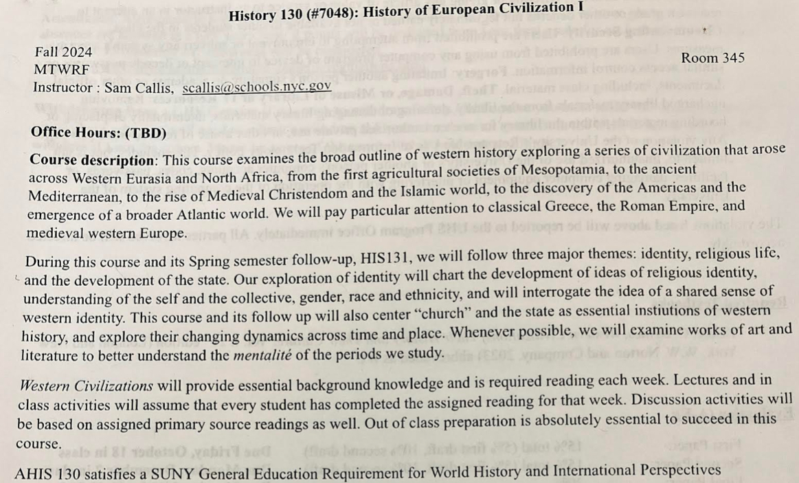 Curriculum of SUNY History AHIS 130 and HIS 131: Western Civilization 