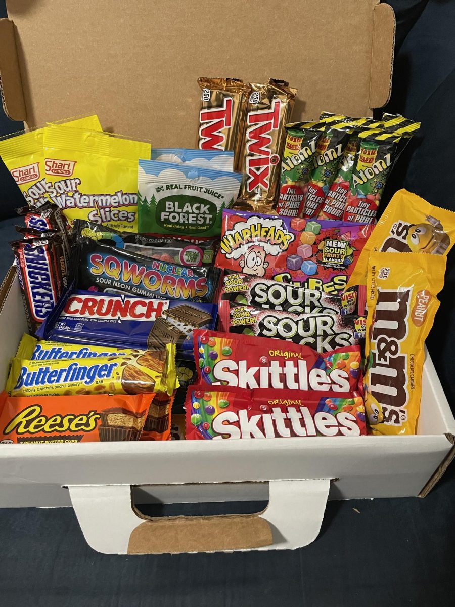 The Candy fundraiser box. The box contains 13 different types of candy and are sold for 2 dollars each.