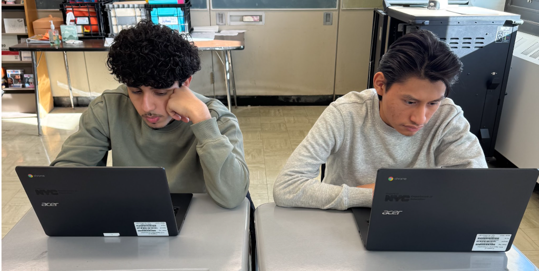 Two students featured using the Chromebooks in class, which they depend on for their academic success.